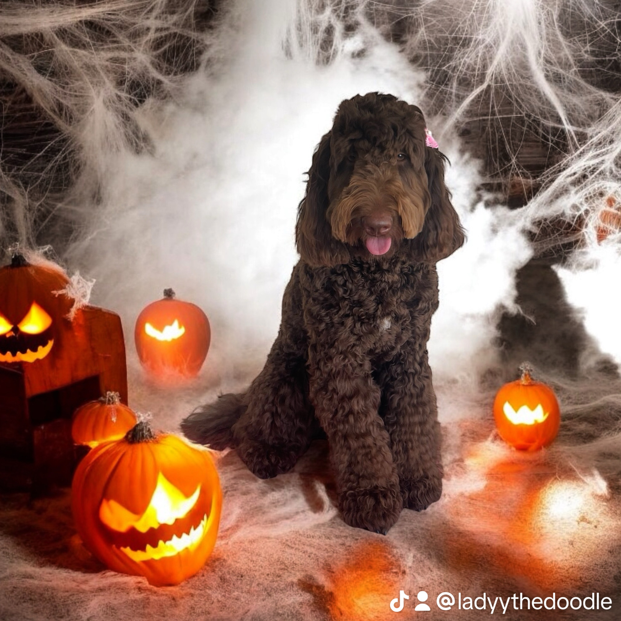 Chocolate doodle at a Halloween photo set with jack-o'-lanterns