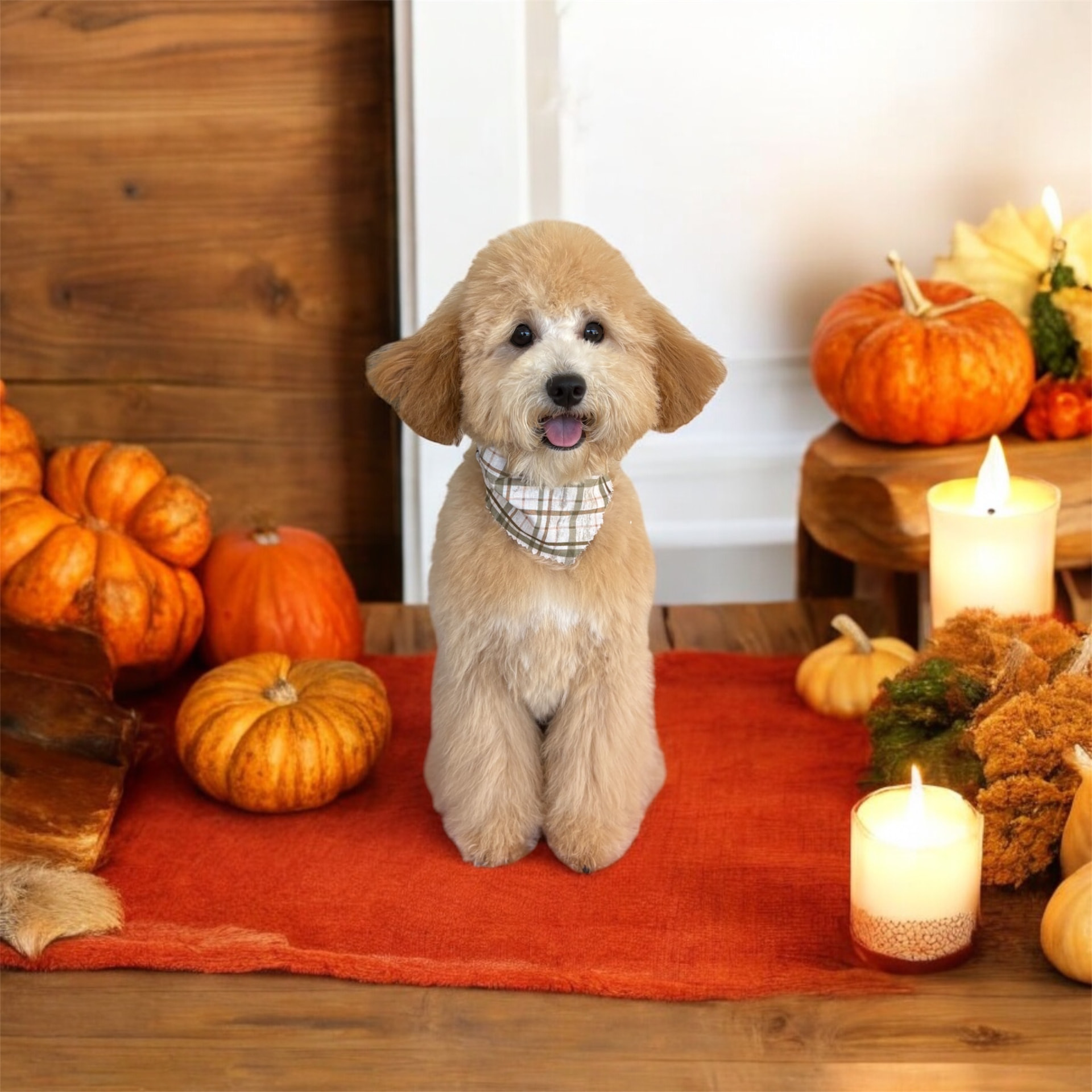 Goldendoodle in a plaid bandana with fall pumpkins