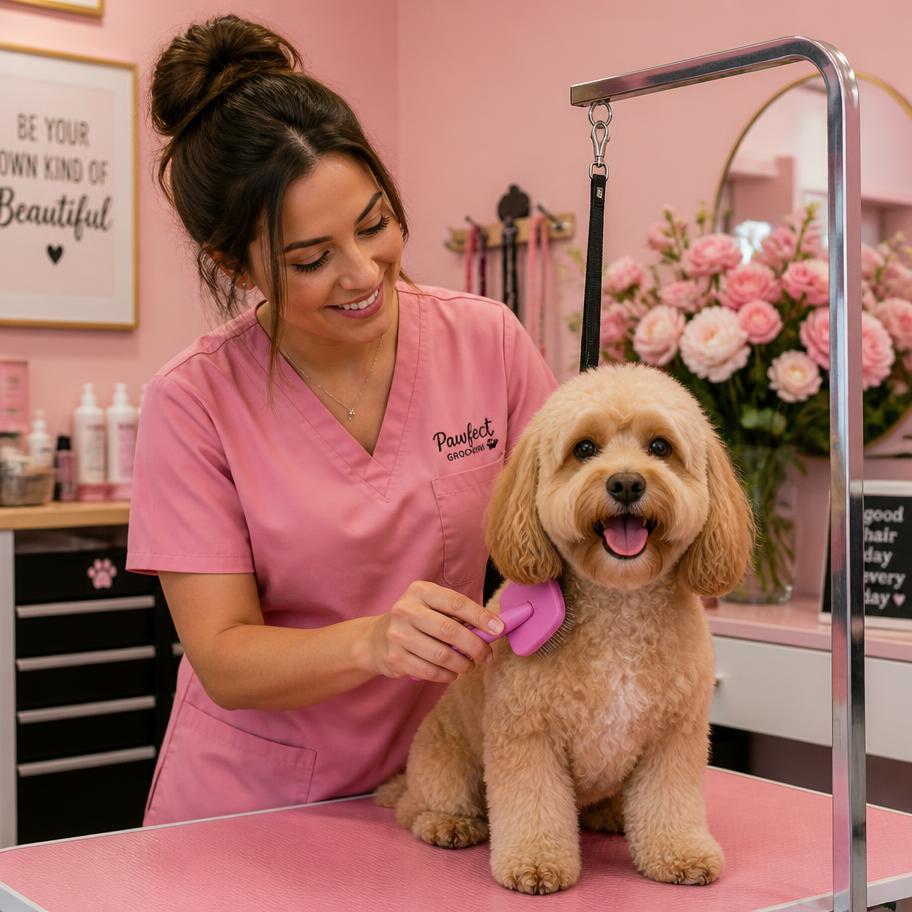 Groomer brushing a poodle mix at Lovely Pet Spa