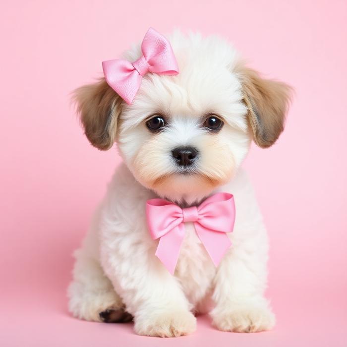 Freshly groomed white maltipoo with a pink bow