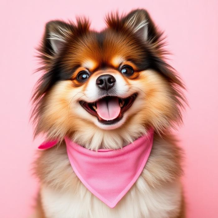 Smiling pomeranian wearing a pink bandana