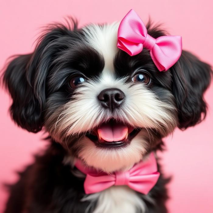 Black and white shih tzu with a pink bow