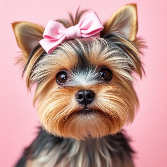 Yorkshire terrier with a pink hair bow