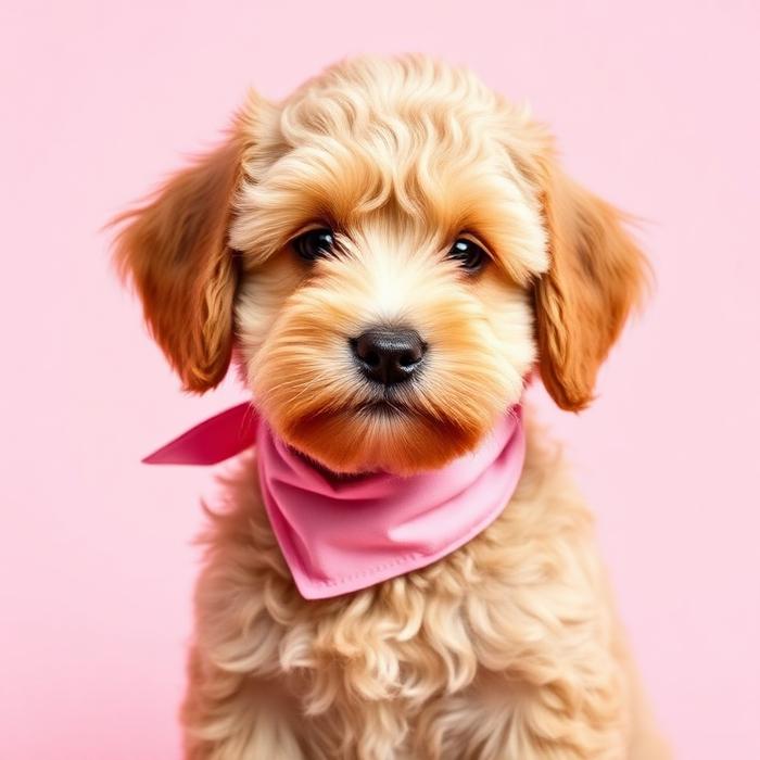 Golden doodle puppy in a pink bandana