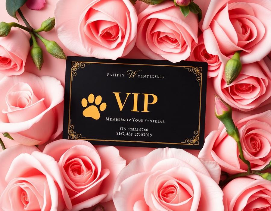 Gold VIP membership card surrounded by pink roses